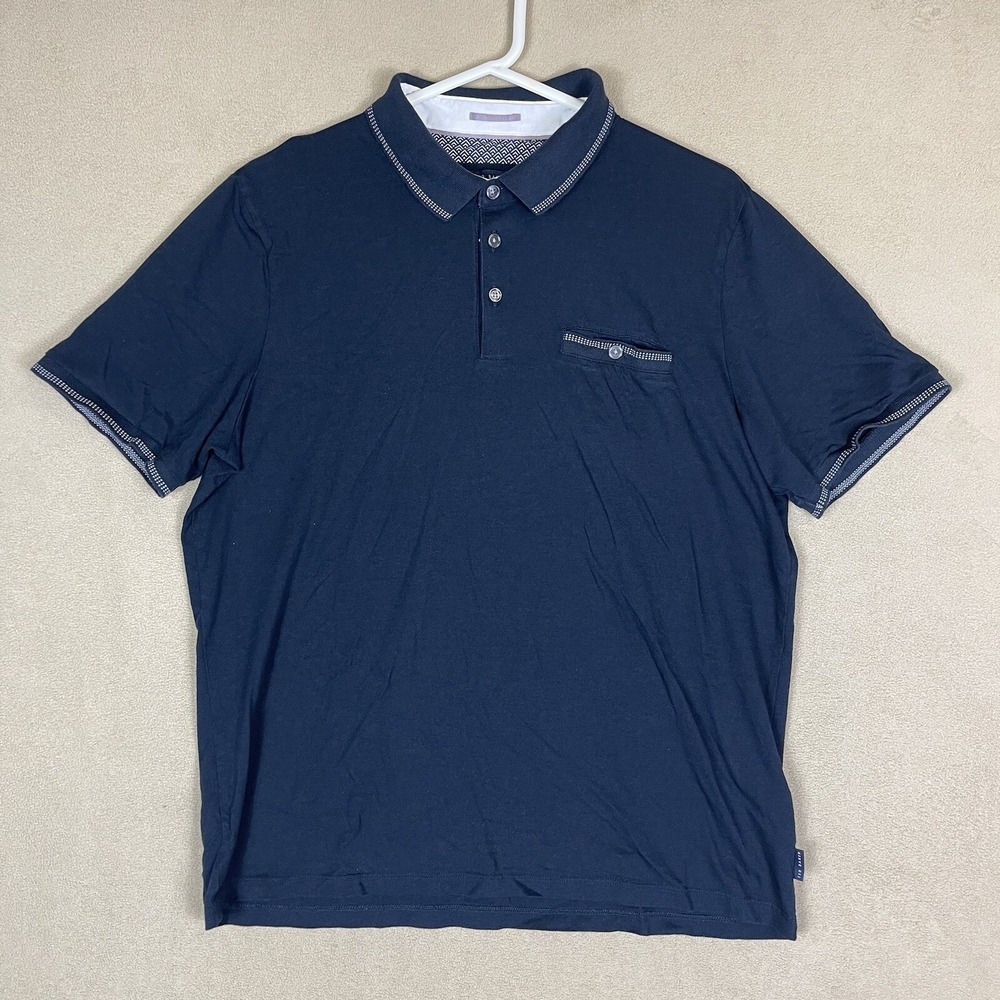 Ted Baker Polo Shirt Mens 5 XL Navy Blue Tortila Cotton Modal Pocket Geo Trim